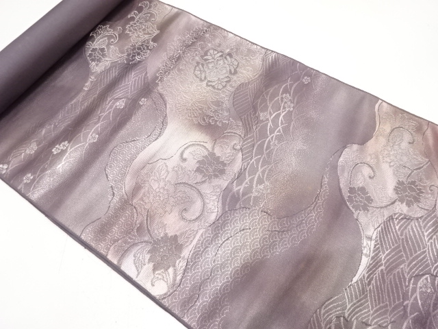 アンティーク　しらえ織物製　道長取りに花更紗・古典柄織り出し　名古屋帯地反物